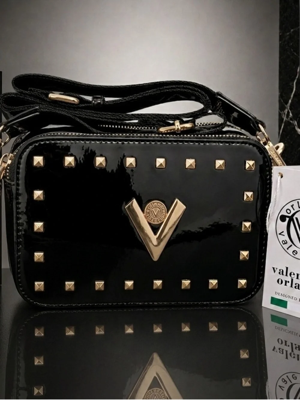 Valentino Orlandi Black Patent Crossbody with Gold Studs